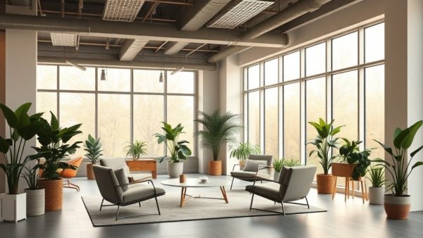 Eco-friendly office break room with modern design and natural lighting.