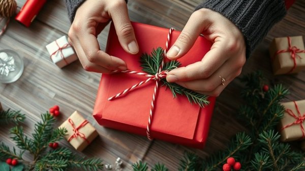 Eco-friendly gift wrapping with greenery for sustainable Christmas gifts.
