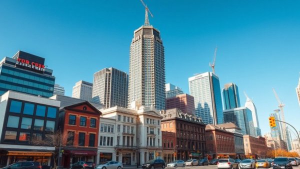 Vibrant Durham cityscape with modern and historic buildings; ideal getaway.