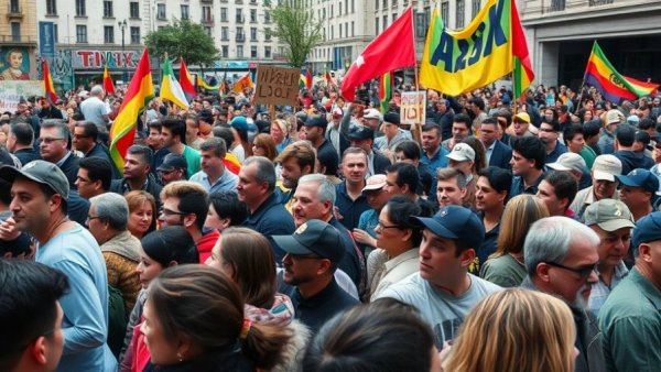 Public demonstration with a vibrant crowd and flags supporting a cause.