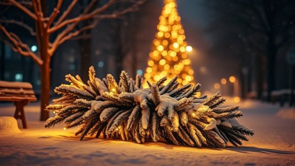 Treecycling scene of a snow-covered Christmas tree on a snowy path