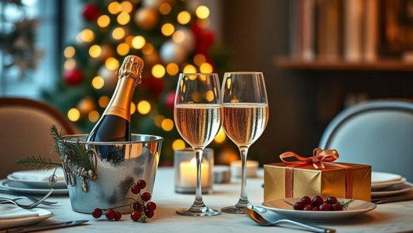 New Year's Eve dinner setup with champagne and festive decor.