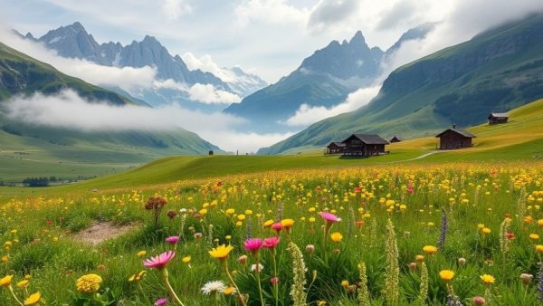 Lush meadows and majestic Dolomites at sunrise, gardens in the Dolomites.