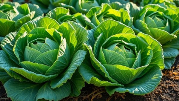 Vibrant savoy cabbages thriving in winter garden.