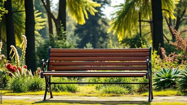 Elegant iron bench in a lush outdoor garden setting.