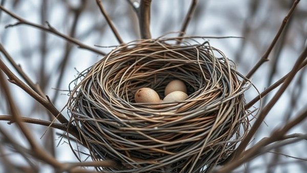 Intricate bird's nest among branches in North Carolina winter.