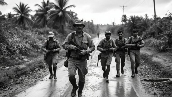 Peter Arnett War Correspondent walking on a muddy road with soldiers.