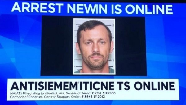 News graphic on antisemitic threats online and arrest.