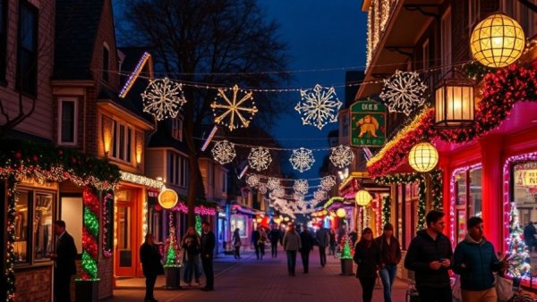 Eco-friendly holiday decorations illuminate a festive street at night.