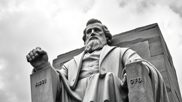 Monochrome statue of a historical figure with a cloudy sky backdrop.