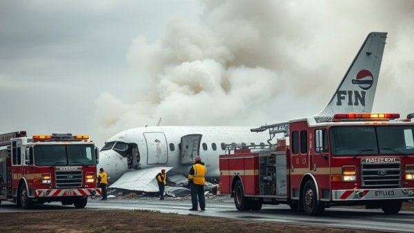 Emergency response scene at plane crash with smoke and fire trucks
