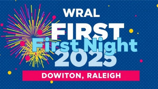 First Night Raleigh 2025 event banner with fireworks.