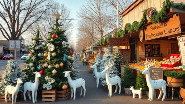 Outdoor Christmas tree market with festive decorations.
