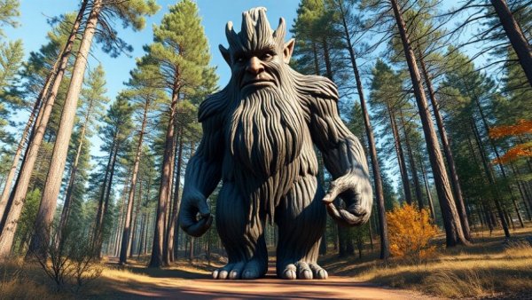Giant troll sculpture in forest, great for free winter activities for kids in the Triangle.