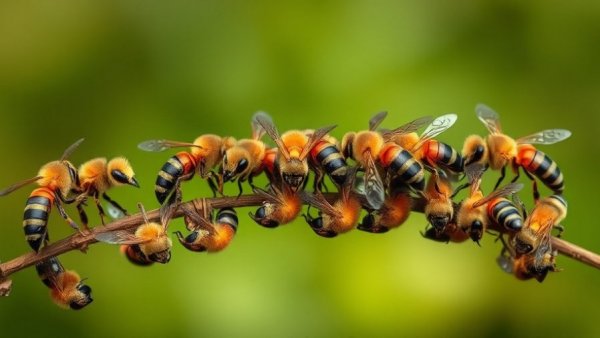 Inspiring bees forming a living bridge demonstrating cooperation.