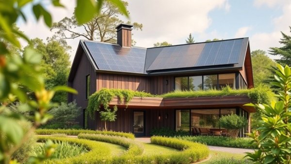Modern sustainable home design featuring solar panels and greenery.
