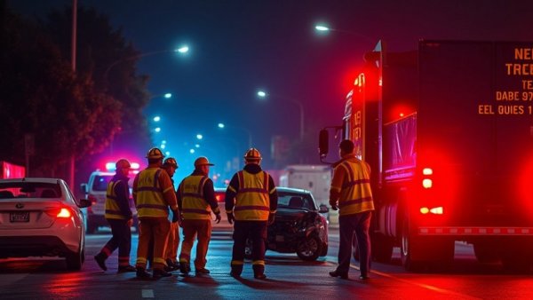 Pendleton car and truck crash scene with emergency responders at night.