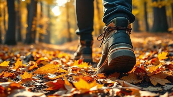 Feet walking on autumn leaves during weekend nature walk in Durham Parks.