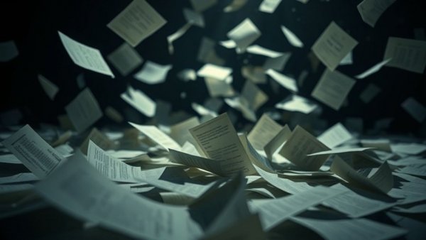 Abstract scene of missing Jeffrey Epstein documents in dark room.