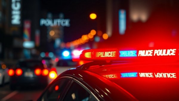 Police lights at night in city environment, Swapnil Srivastava missing person identified.