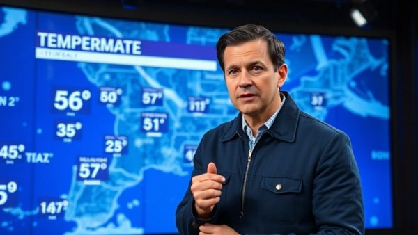 Weather presenter reporting on a cold start to Monday with temperature map.
