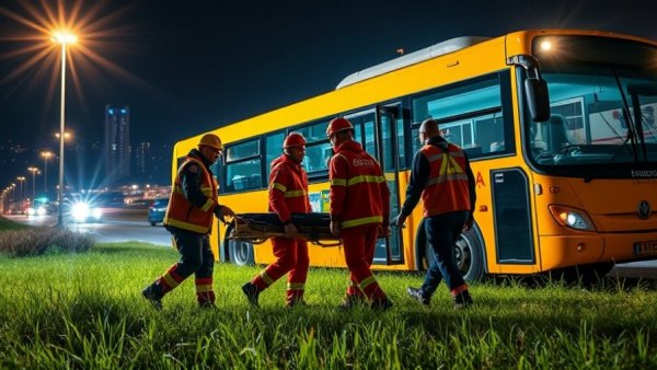 Indonesian bus crash scene with rescue team at night