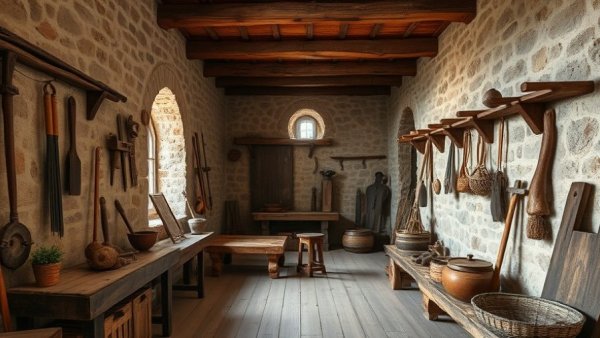 Rustic room with traditional tools, embodying sustainable tourism.
