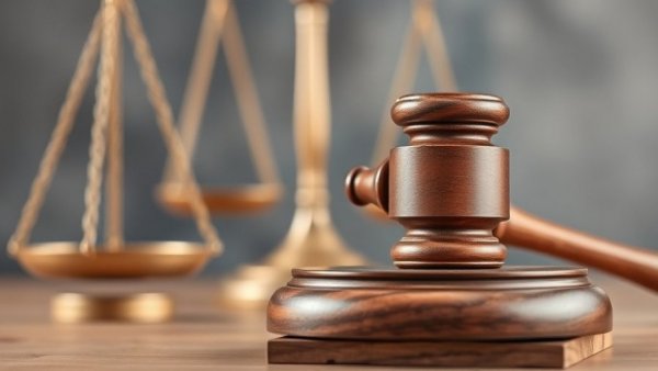 Close-up of a gavel on block with justice scales blurred in background.