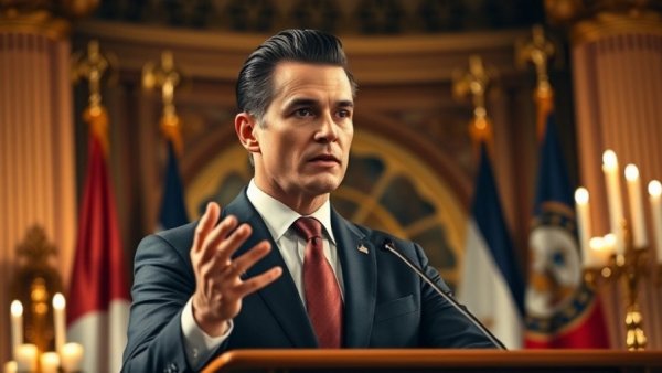 Confident man speaking passionately indoors with flags behind.