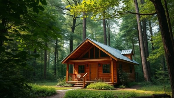Eco-friendly cabin in lush forest promoting sustainable tourism.