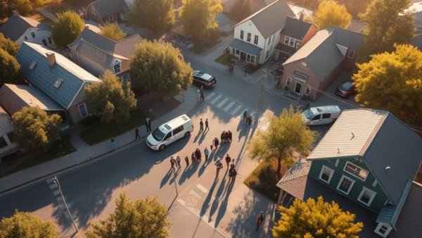 Aerial view of Highlands town with emergency response, a part of the bomb threat hoax.