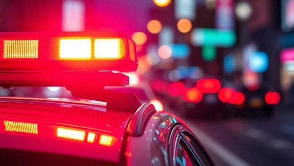 Police lights flashing at night with blurred bokeh in Alamance County