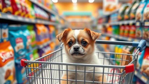 Small dog in shopping cart surrounded by pet food packaging.