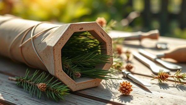 Hexagonal clay tube filled with pine needles for sustainable home design.