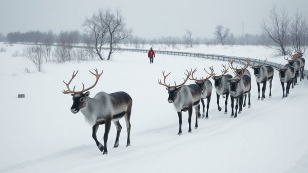Reindeer herd traveling through snow highlighting population decline