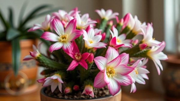 Beautiful blooming Christmas cactus in a pot indoors.