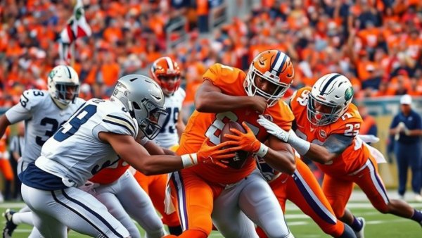 Clemson and Penn State players in intense Pinstripe Bowl game action.