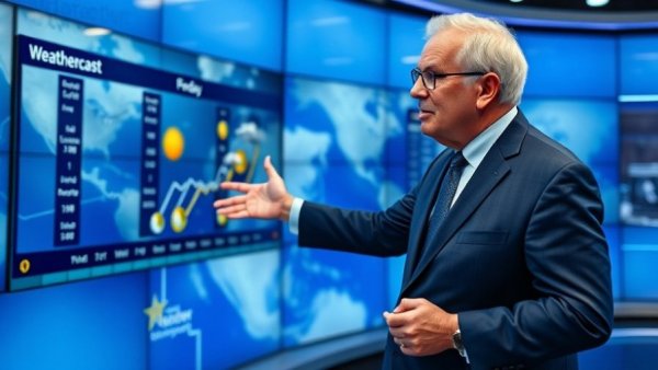 Cold weather forecast presented on studio screen by elderly male expert.