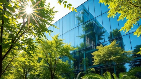 Eco-friendly building with lush greenery reflecting sunlight.