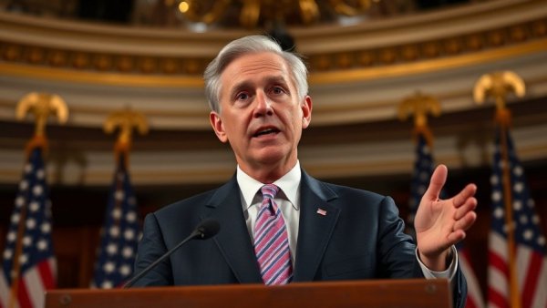 Politician gesturing during a speech, formal setting.
