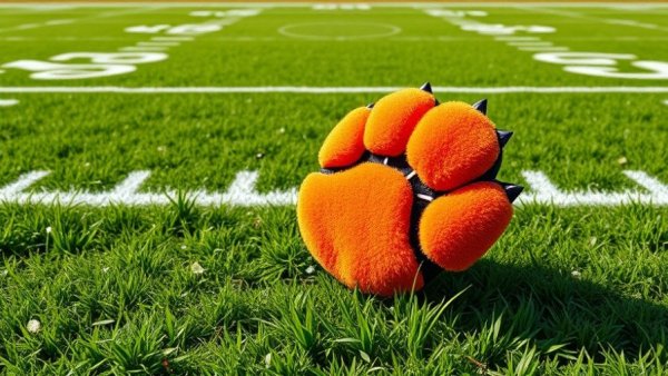 Clemson Football Coaching Changes: vivid orange tiger paw on field.