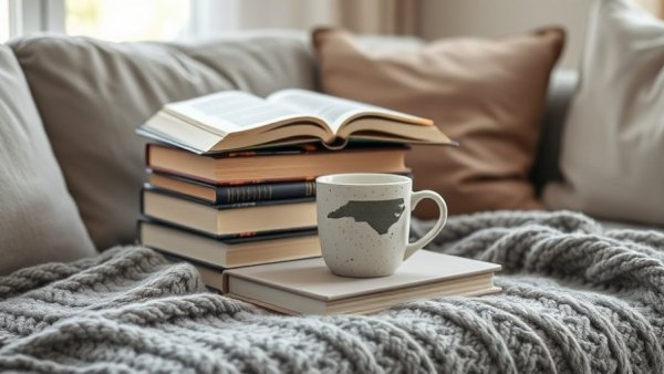 Cozy reading nook with North Carolina mug.