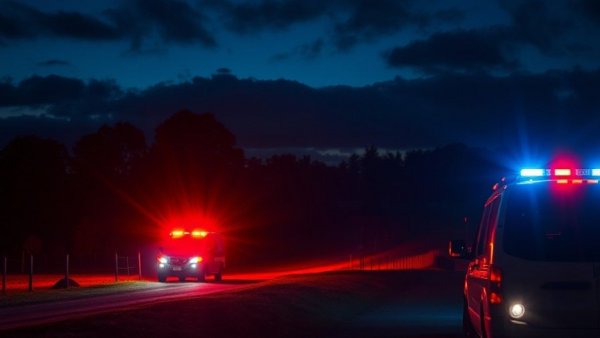 Emergency response scene during night with flashing lights in a rural area related to measles outbreak in Spartanburg County.