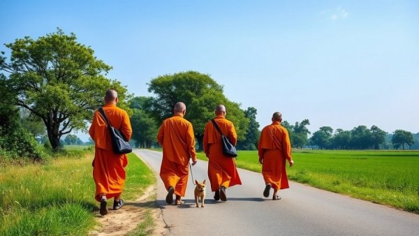 Group of monks walking for peace along rural road.
