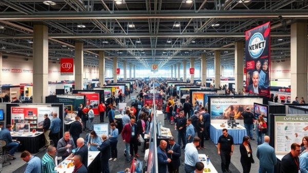 Local events crowd at a busy convention hall.
