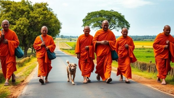 Buddhist monks walking for peace along a rural road.