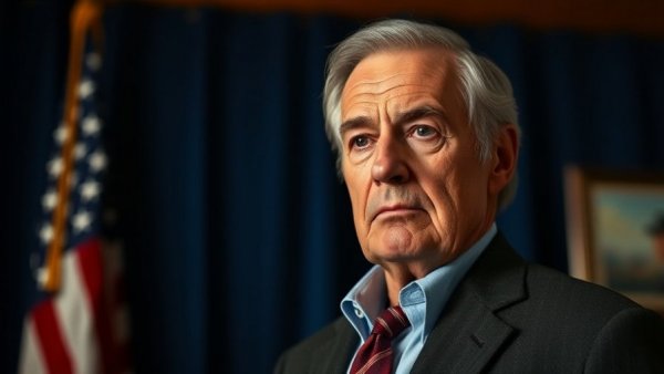 Distinguished man in front of American flag, serious expression.