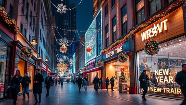 Festive New Year's lights and shoppers at a city department store.