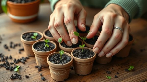 Hands planting seeds in eco-friendly pots, emphasizing sustainable gardening practices.