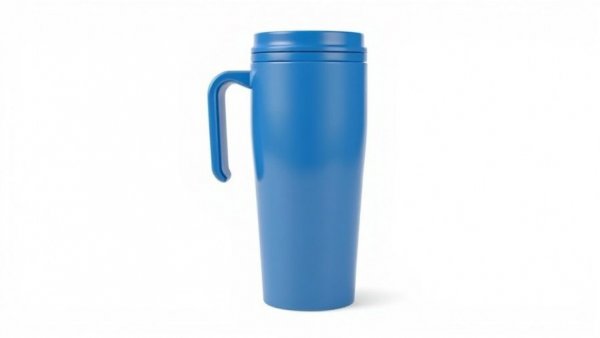 Sleek blue travel mug with handle on white background, best Amazon deals January.